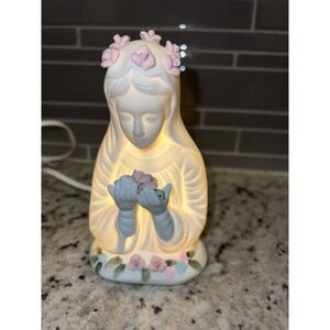 Mother Mary Ceramic Roses Crown Figurine Night Light Cottage Pink Floral 6" AB